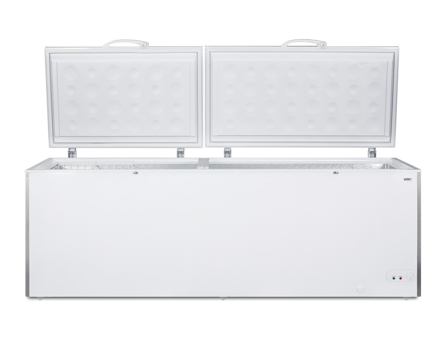 Commercially listed 26.66 cu.ft. manual defrost chest freezer in white with stainless steel corner guards